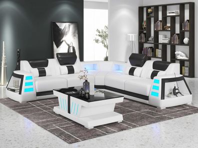 Ecksofa L-Form Weiß Schwarz LED Couchtisch Modern Wohnzimmer Design *