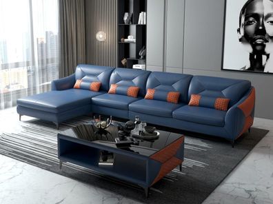 Leder Ecksofa L-Form Modern Blau Orange Couchtisch Design Wohnzimmer *