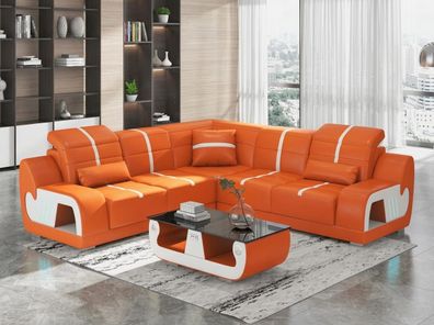 Leder Ecksofa L-Form Modern Orange Couchtisch Led Design Wohnzimmer
