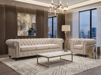 Beiges Wohnzimmer-Set 3 + 1-Sitzer-Sofas Chesterfield Gesteppte Sofas Klassiker