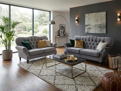 Luxuriöses graues Wohnzimmer-Set: 3 + 2-Sitzer-Sofas Wohnzimmer Klassiker
