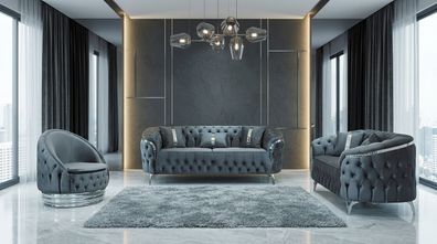 Chesterfield Graue Polstergarnitur Designer Sitzgruppe Stoffsofas