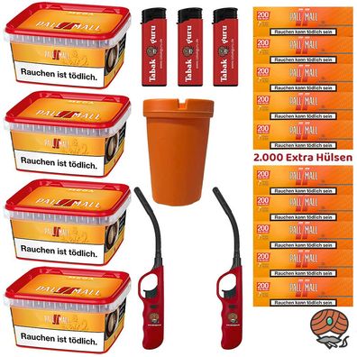 Pall Mall Mega Box Volumentabak 4x 145g, 2000 Xtra Hülsen, Feuerzeuge u.v.m