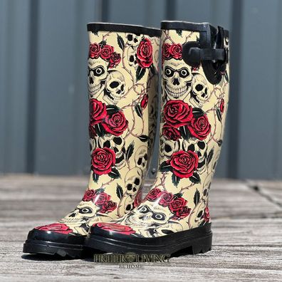 Totenkopf Gummistiefel Skull Rosen Rock N Roll Rockabilly Punk Emo Gothic Festival