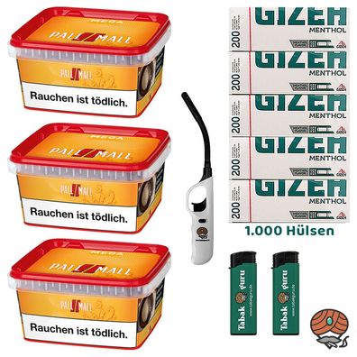 Pall Mall Mega Box Volumentabak 3x 145g, Gizeh Menth. Hülsen, Feuerzeuge