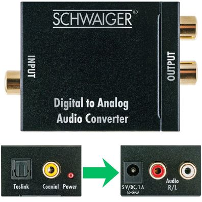 Schwaiger DAC Audio Konverter Digital Koax Toslink auf Analog Cinch Adapter Box
