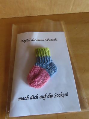Karte Brif mit handgestrickten mini Socke -Erfüll Dir einen Wunsch