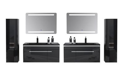 Badmöbel Set 8 Teilig 240cm Hochglanz Schwarz LED Spiegel Badezimmer Badschrank