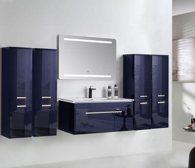 Badmöbel Set 210 cm Königsblau Hochglanz Lackiert Komplett Badschrank 7 Tlg LED