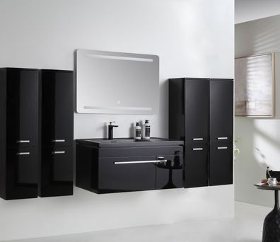Badmöbel Set 210cm Schwarz Hochglanz Lackiert Komplett Badschrank 8Tlg LED