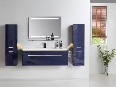Badmöbel Set 120 cm Königsblau Hochglanz Lackiert Komplett Badschrank 6 Tlg LED