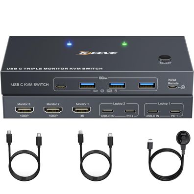 MLEEDA KVM Switch USB-C 3 Monitore 2 Laptops 4K Dockingstation 80W PD