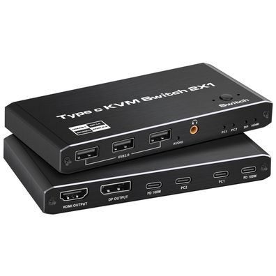 Tendak USB-C KVM-Switch 2-Port 8K 60Hz 100W PD 4x USB 2.0 DP/HDMI Schwarz