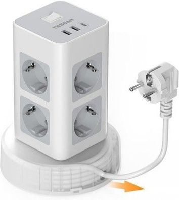 TESSAN Mehrfach-Steckdose, USB C, 8 Fach Steckdosenleiste mit Einziehbarem Kabel