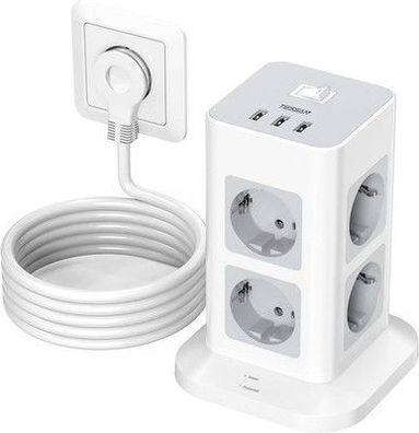 TESSAN Steckdosenleiste Flachstecker, 8 Fach Mehrfachsteckdose mit 3 USB Stecker