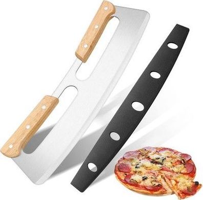 Kuoniiy Pizza Wiegemesser, Pizzaschneider mit Doppeltem Holzgriff, Pizzamesser