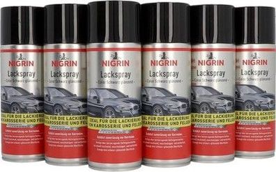 NIGRIN Lackspray, 6 x 400 ml, schwarz glänzender Autolack, schützt Felgen, Auto
