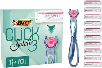 BIC Click 3 Soleil Sensitive Rasierer Damen, Nassrasierer mit 10 Wechselklingen