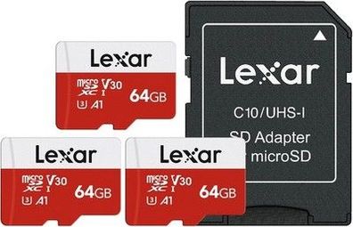 Lexar Micro SD Karte 64GB 3er Pack, Speicherkarte Micro SD mit Adapter, 100 MB/s