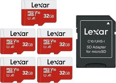 Lexar Micro SD Karte 32GB 5er Pack, Speicherkarte Micro SD mit Adapter, 100 MB/s