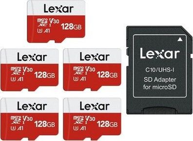 Lexar Micro SD Karte 128GB 5er Pack, Speicherkarte Micro SD mit Adapter 100 MB/s