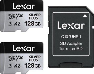Lexar Silver Plus Micro SD Karte 128GB 2-Pack, mit Adapter, UHS-I, A2, U3, V30