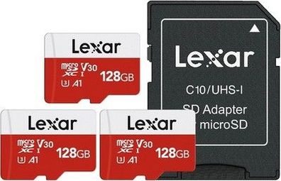 Lexar Micro SD Karte 128GB 3er Pack, Speicherkarte Micro SD mit Adapter 100 MB/s