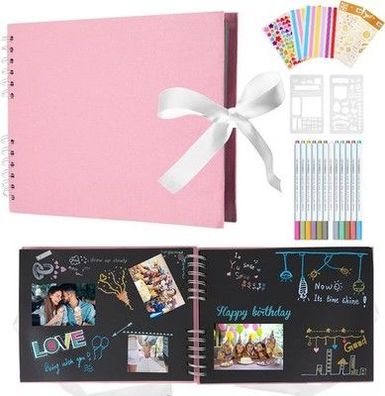 DazSpirit Fotoalbum 29,5 X 21cm Schwarze Seiten Fotobuch, inkl. 12 Marker, Rosa