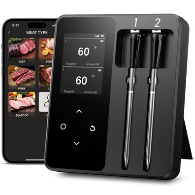 Onherm Funk-Fleischthermometer 2 Sonden Bluetooth 130m Grill BBQ IP67 schwarz