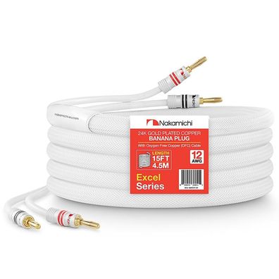 Nakamichi Bananenstecker 24K vergoldet Lautsprecherkabel 12AWG 4,5m OFC Weiß