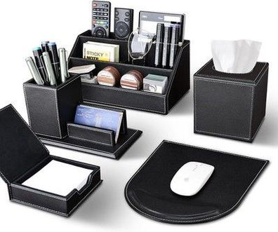 Kingfom Büro Zubehör Set Schwarz, 5-tlg. PU Leder Schreibtisch Set T50H schwarz