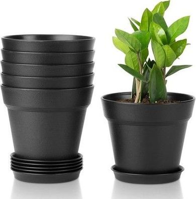 T4U 12,5cm Kunststoff Blumentopf + Untersetzer, 6er-Set Plastik Übertopf Schwarz