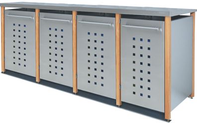 Mülltonnen-Box 4er, 4x120L | Typ L | Flachdach, mit Holzpfosten, Blenden in V2A | Ide