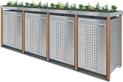 Müllhäuschen 4x120L | Typ L | Pflanzenwanne, Lärchenholzpfosten, Blenden in Edelstahl