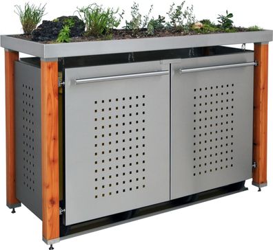 Müllbox zweier 2x240L | Typ H | mit Gründach, Lärchenholzpfosten, Blenden in Edelstah