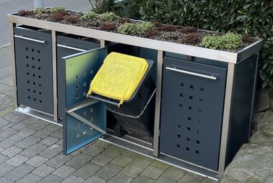 Müllbox 4x240L | Typ M | mit Grün-Dach, Pfosten in Edelstahl, Seiten &amp; Türen in A