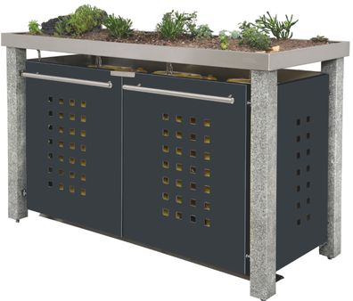Tonnenhaus 3x240L | Typ N | mit Gründach, Stein-Pfosten, Fronten in Anthrazit | Ideal