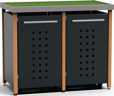 Tonnenhaus 2x240L | Typ L | mit Grün-Dach, mit Holzpfosten, Seiten &amp; Türen in Ant