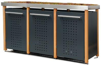 Müllhäuschen 2x240 &amp; 1x120L | Typ L | mit Gründach, Lärchenpfosten, Seiten &amp;