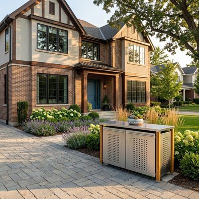 Mülltonnen-Haus dreier 1x240L &amp; 2x120l | Typ H | Flachdach, Lärchenpfosten, Front