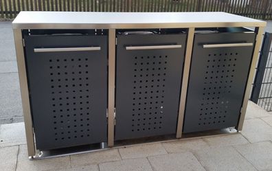 Müllbox dreier 3x120L | Typ M | Pultdach, Pfosten in Edelstahl, Blenden in Anthrazit