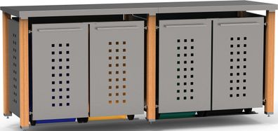 Mülltonnenhaus 4er, 4x240L | Typ H | Flachdach, Lärchenholzpfosten, Blenden in V2A |