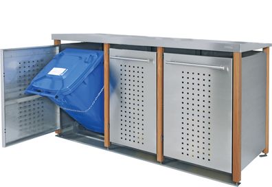 Mülltonnenbox 2x240 &amp; 1x120L | Typ L | Flachdach, Lärchenpfosten, Blenden in Edel