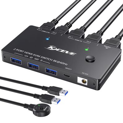 AOOCOO 8K HDMI KVM-Switch 2 PC 1 Monitor 4K 144Hz USB 3.0 mit Fernbedienung