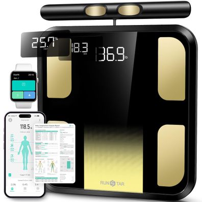 RunStar Körperfettwaage digital 8 Elektroden BMI Muskelmasse App 180 kg