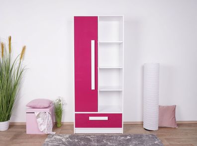 Kinderzimmer - Drehtürenschrank / Kleiderschrank Walter 03, Farbe: Weiß / Rosa H
