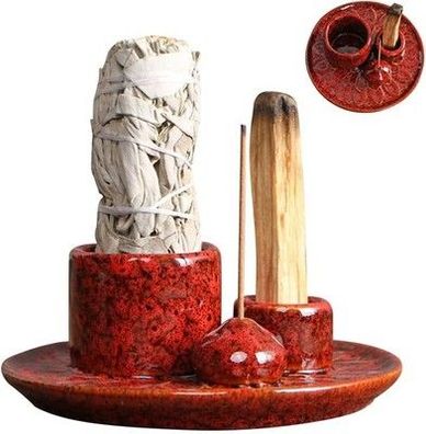 4 in 1 Keramik Räucherschale für Palo Santo, jedes Räucherwerk, Yoga (Rot)
