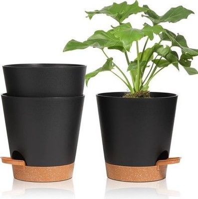 T4U 16,5cm Kunststoff Blumentopf mit Bewässerungssystem, 3er-Set, schwarz