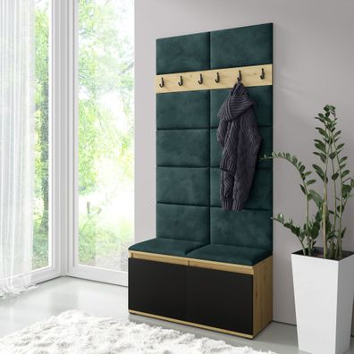Garderobe 01 mit Polsterpaneele für Wand und Sitzbank, Artisan/Schwarz/Bottle Gr