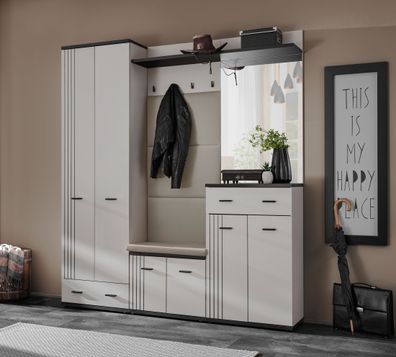Garderobe | Kleiderschrank | Farbe: Kaschmir / Schwarz | Spiegel | Sitzgelegenhe